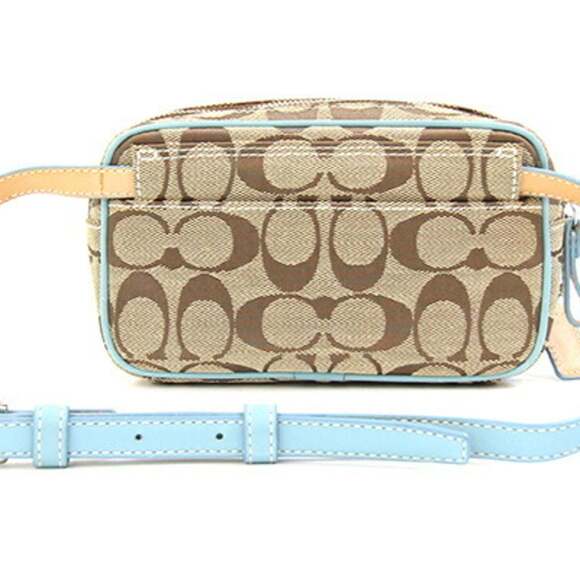 Coach Waist Bag Signature Khaki Light Blue Canvas Leather Hip Pouch Body Wome...